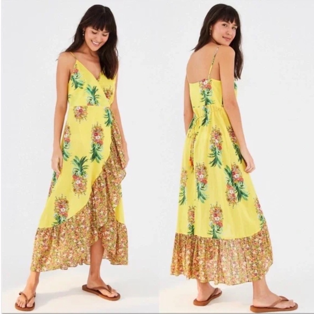 Farm Rio Golden Pineapple Mix Print Wrap Dress